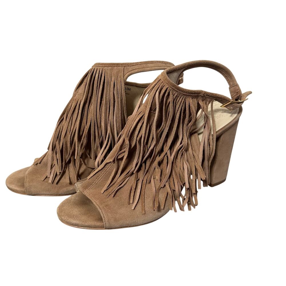 Vince Camuto Fringe Block Heel Sandals Womens 8.5 Brown Suede Boho